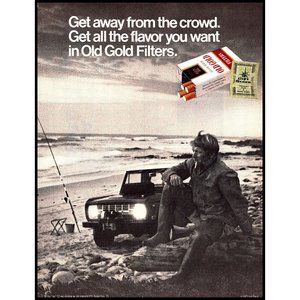 1971 Old Gold Cigarettes Vintage Print Ad Ford Bronco Beach Coast Fishing Art